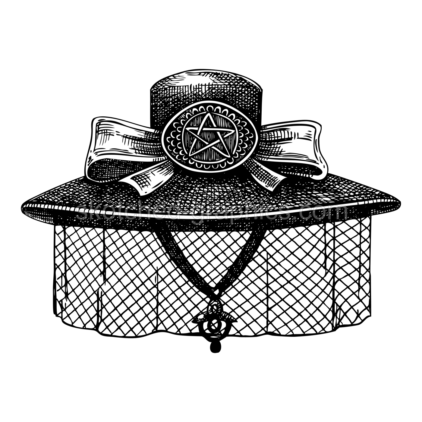 Vintage witch hat vector sketch. Gothic fashion illustration. Halloween, Dark academia accessory. Hand drawn historical costume design. NOT AI generated Illustration